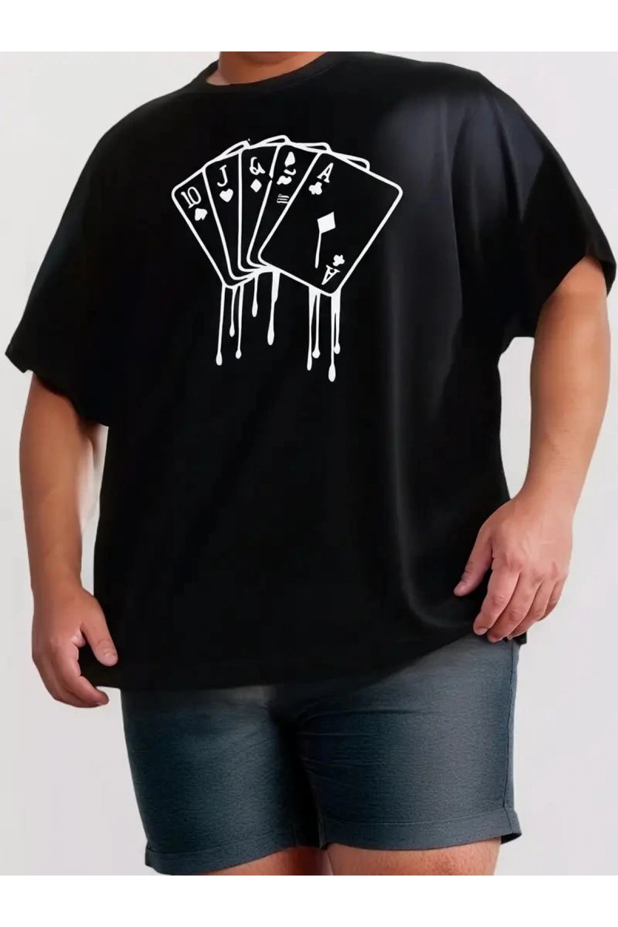 Erkek Kısa Kol Yazlık Tişört Bisiklet Yaka KART Baskılı T-Shirt - Siyah