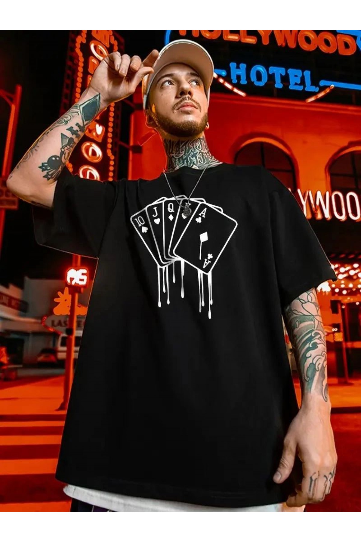 Erkek Kısa Kol Yazlık Tişört Bisiklet Yaka KART Baskılı T-Shirt - Siyah