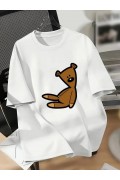 Kadın Tişört Bisiklet yaka Ayı Baskılı yazlık Kısa Kol T-shirt - Beyaz