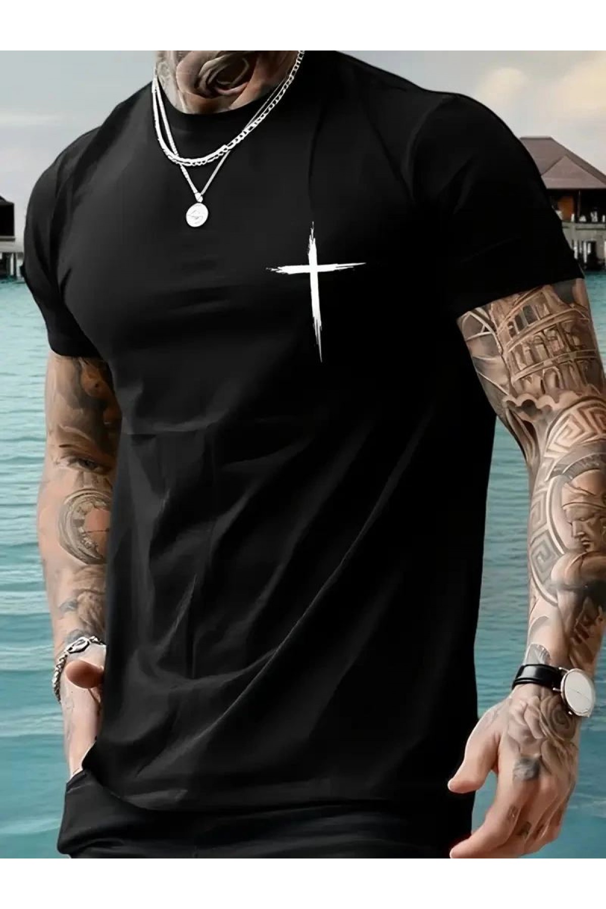 Erkek Kısa Kol Yazlık Tişört Bisiklet Yaka Baskılı Oversize T-Shirt - Siyah