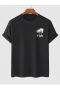 Erkek Kısa Kol Yazlık Tişört Bisiklet Yaka Palmiye Baskılı T-Shirt - Siyah