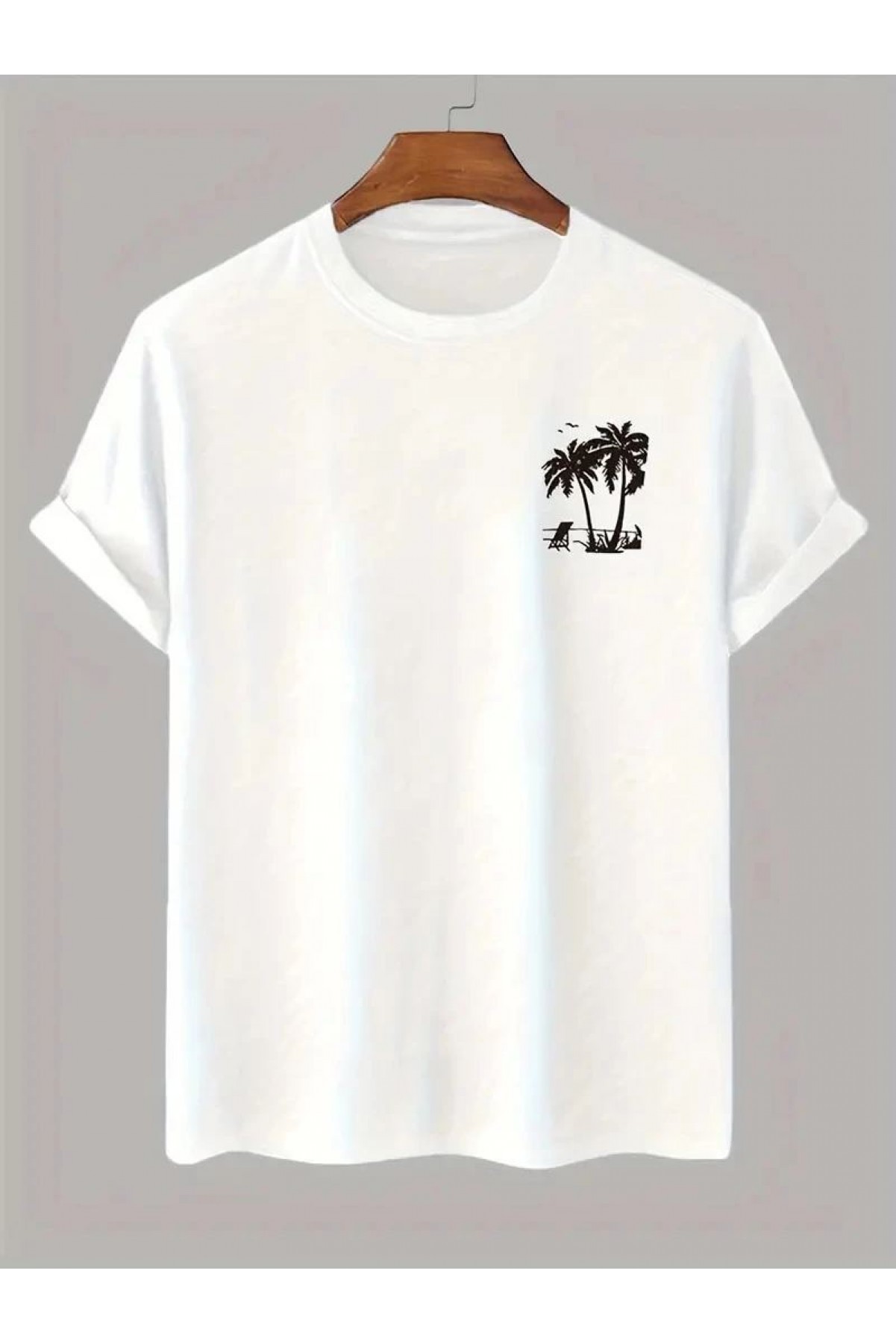 Erkek Kısa Kol Yazlık Tişört Bisiklet Yaka Palmiye Baskılı T-Shirt - Beyaz