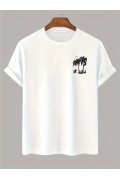 Erkek Kısa Kol Yazlık Tişört Bisiklet Yaka Palmiye Baskılı T-Shirt - Beyaz