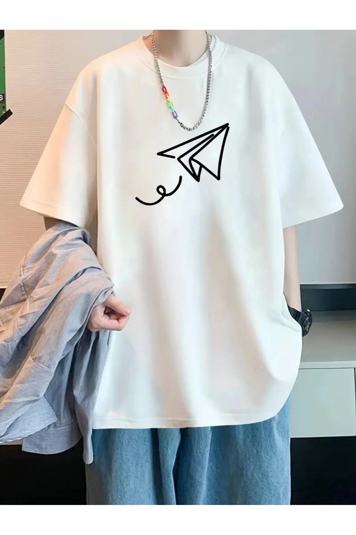 Erkek Kısa Kol Yazlık Tişört Bisiklet Yaka Baskılı Oversize T-Shirt - Beyaz