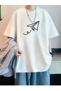 Erkek Kısa Kol Yazlık Tişört Bisiklet Yaka Baskılı Oversize T-Shirt - Beyaz