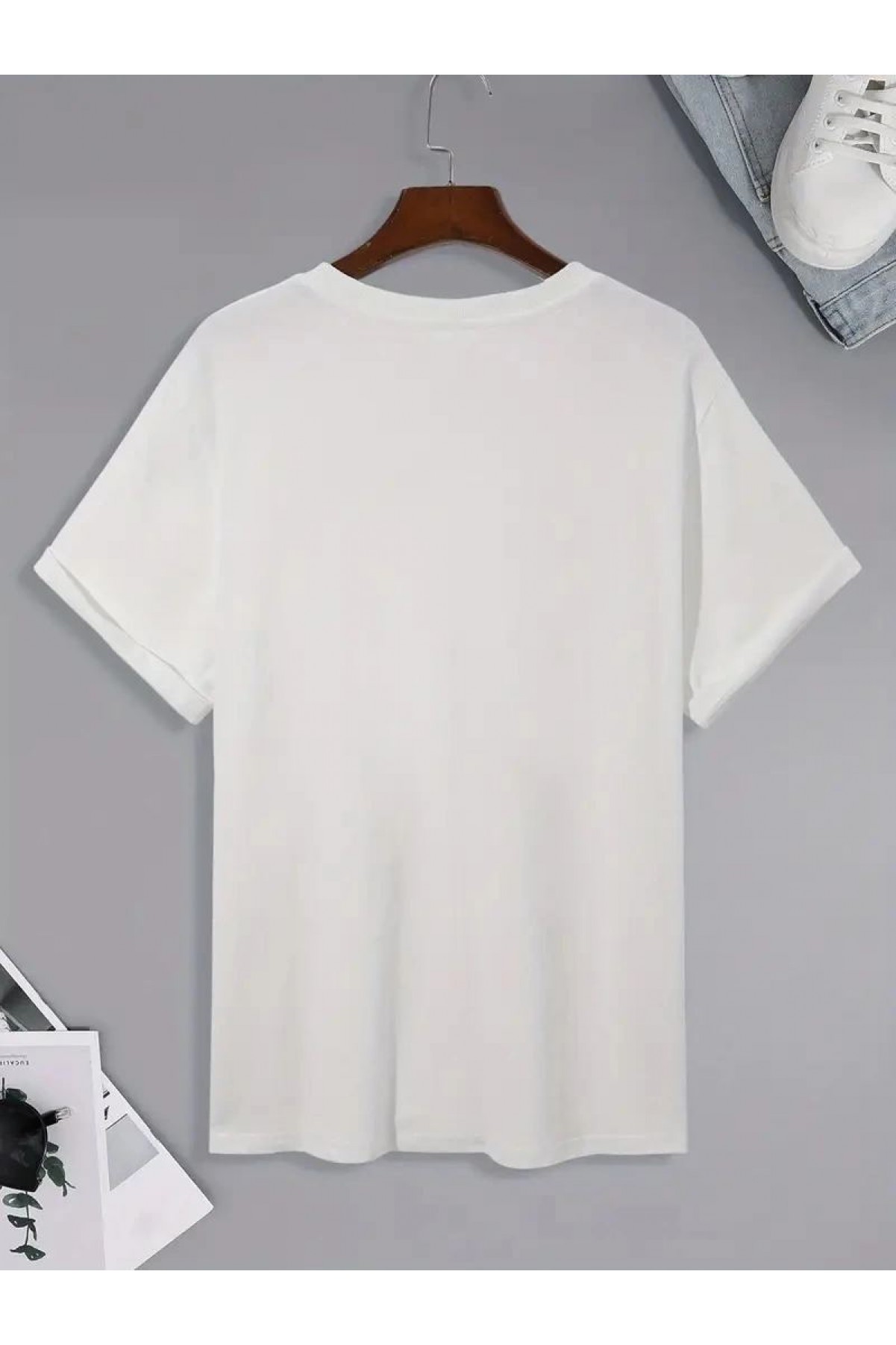 Erkek Kısa Kol Yazlık Tişört Bisiklet Yaka Baskılı Oversize T-Shirt - Beyaz