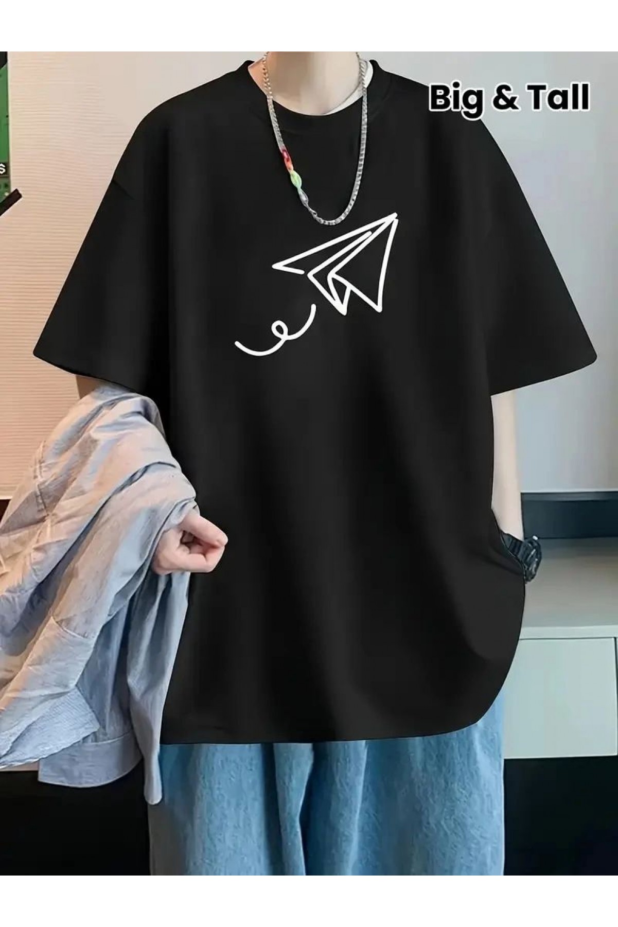 Erkek Kısa Kol Yazlık Tişört Bisiklet Yaka Baskılı Oversize T-Shirt - Siyah