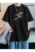 Erkek Kısa Kol Yazlık Tişört Bisiklet Yaka Baskılı Oversize T-Shirt - Siyah