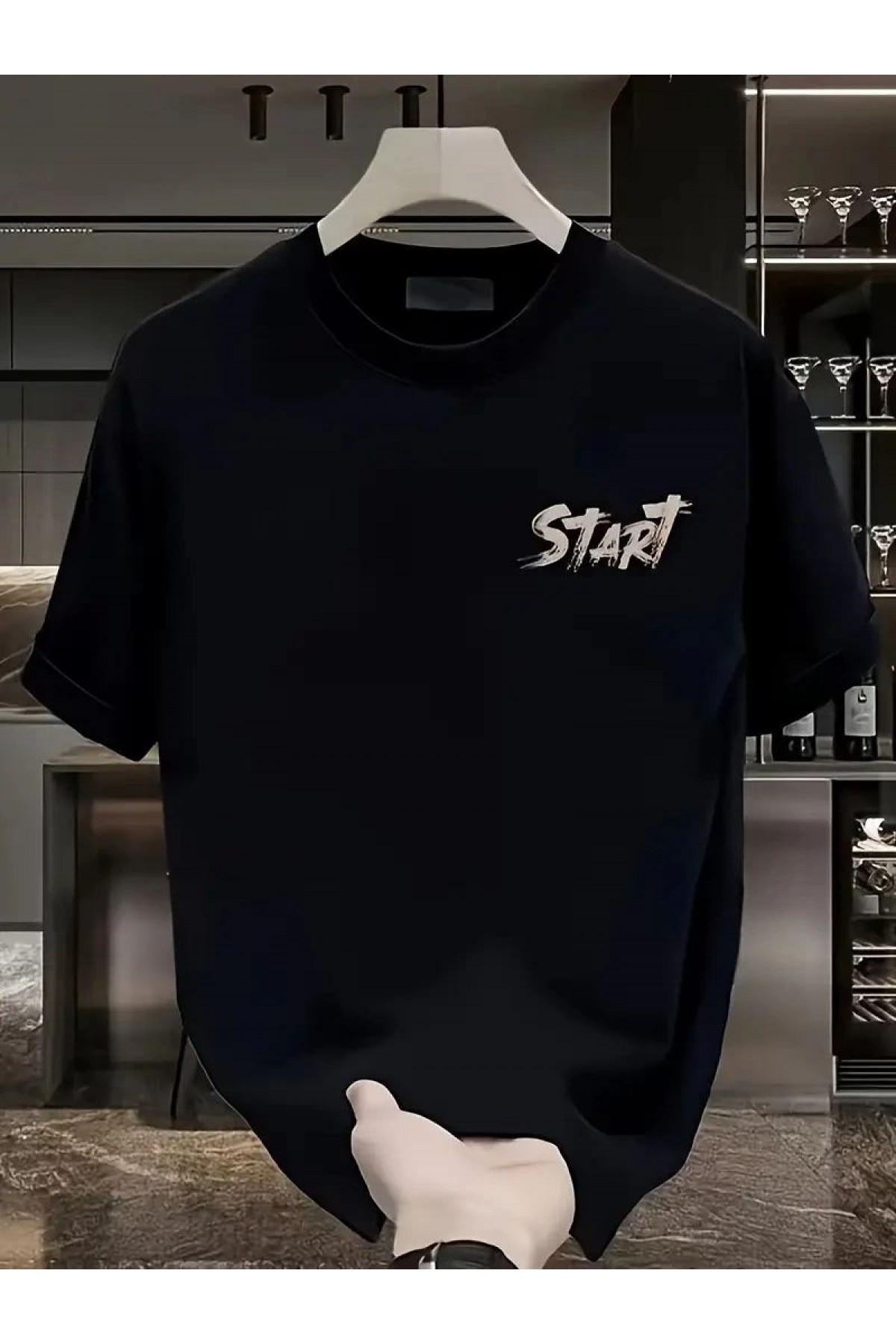 Erkek Kısa Kol Yazlık Tişört Bisiklet Yaka Baskılı Oversize T-Shirt - Siyah