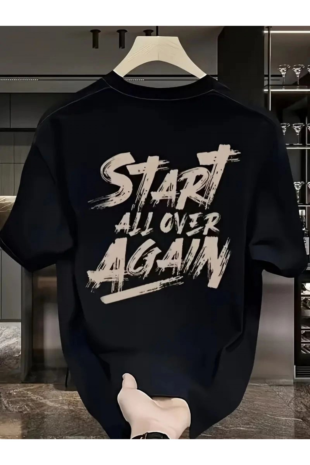 Erkek Kısa Kol Yazlık Tişört Bisiklet Yaka Baskılı Oversize T-Shirt - Siyah