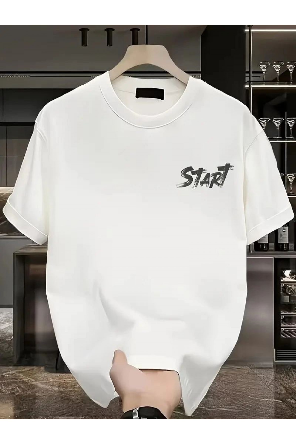Erkek Kısa Kol Yazlık Tişört Bisiklet Yaka Baskılı Oversize T-Shirt - Beyaz