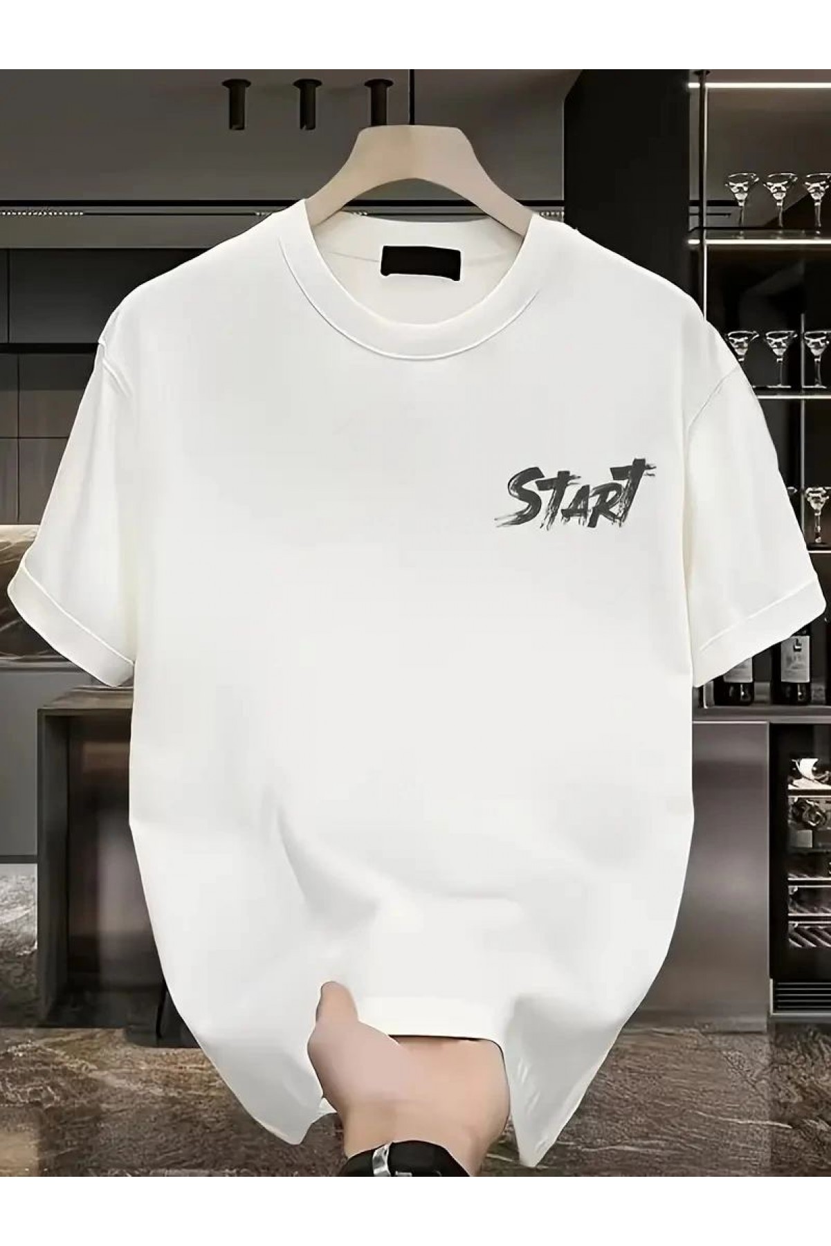 Erkek Kısa Kol Yazlık Tişört Bisiklet Yaka Baskılı Oversize T-Shirt - Beyaz