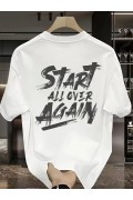Erkek Kısa Kol Yazlık Tişört Bisiklet Yaka Baskılı Oversize T-Shirt - Beyaz