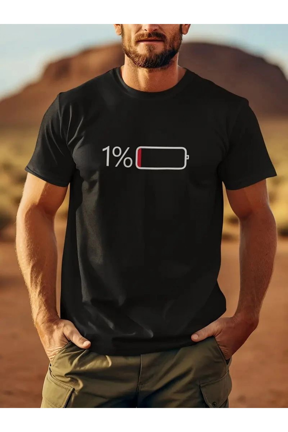 Erkek Sarj %1 Baskılı T-Shirt Kısa Kol Bisiklet Yaka Regular Fit Tişört - - Siyah