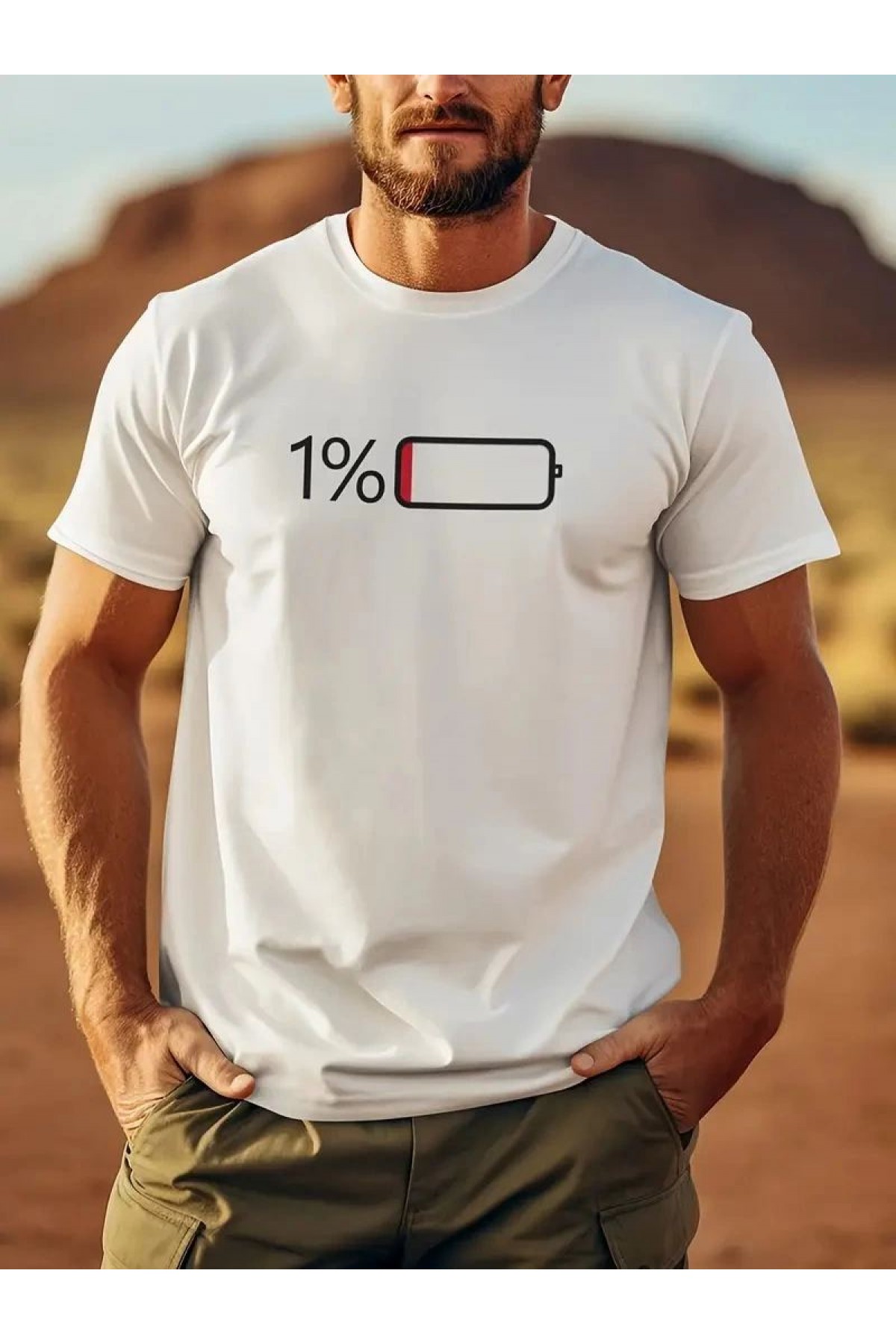 Erkek Sarj %1 Baskılı T-Shirt Kısa Kol Bisiklet Yaka Regular Fit Tişört - Beyaz