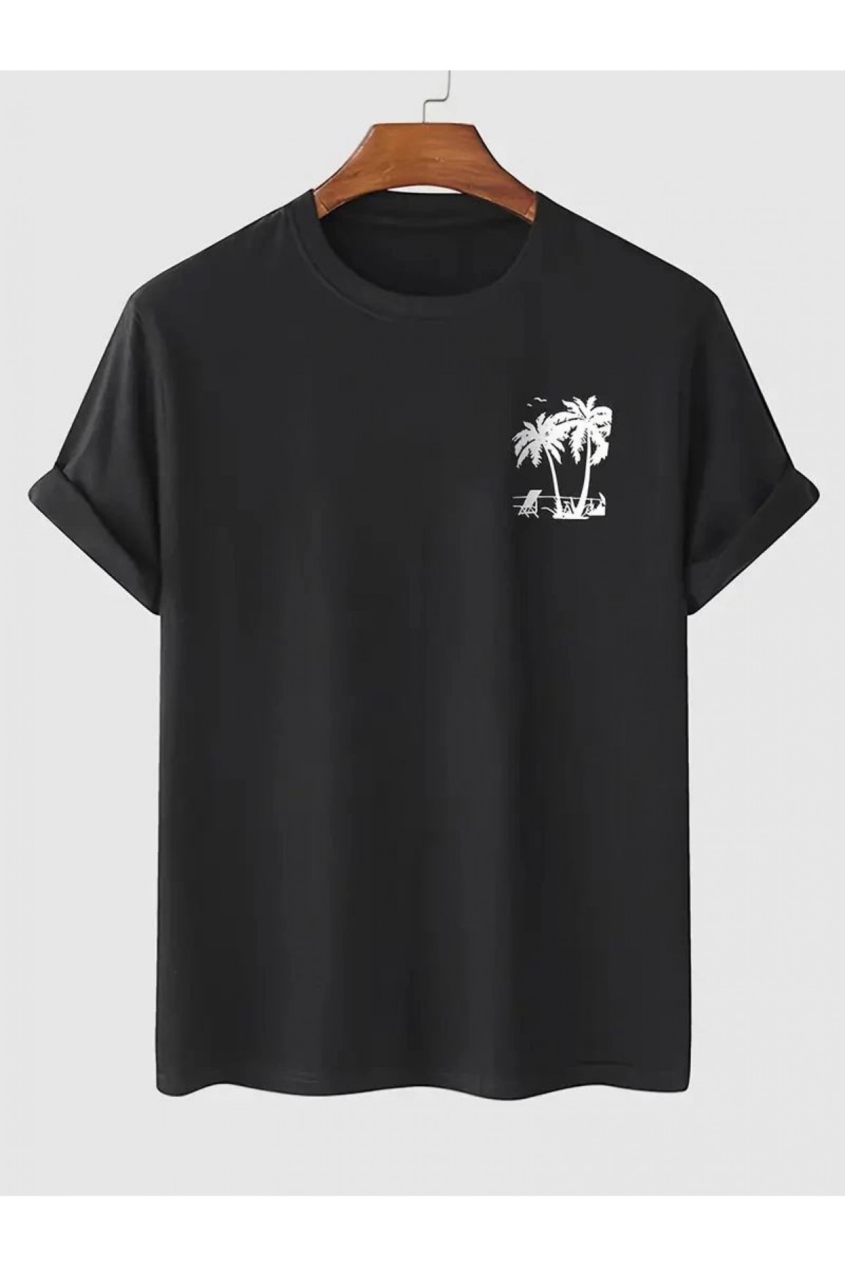 Erkek Tişört Palmiye Baskılı Bisiklet Yaka Kısa Kol Yazlık T-shirt - Siyah