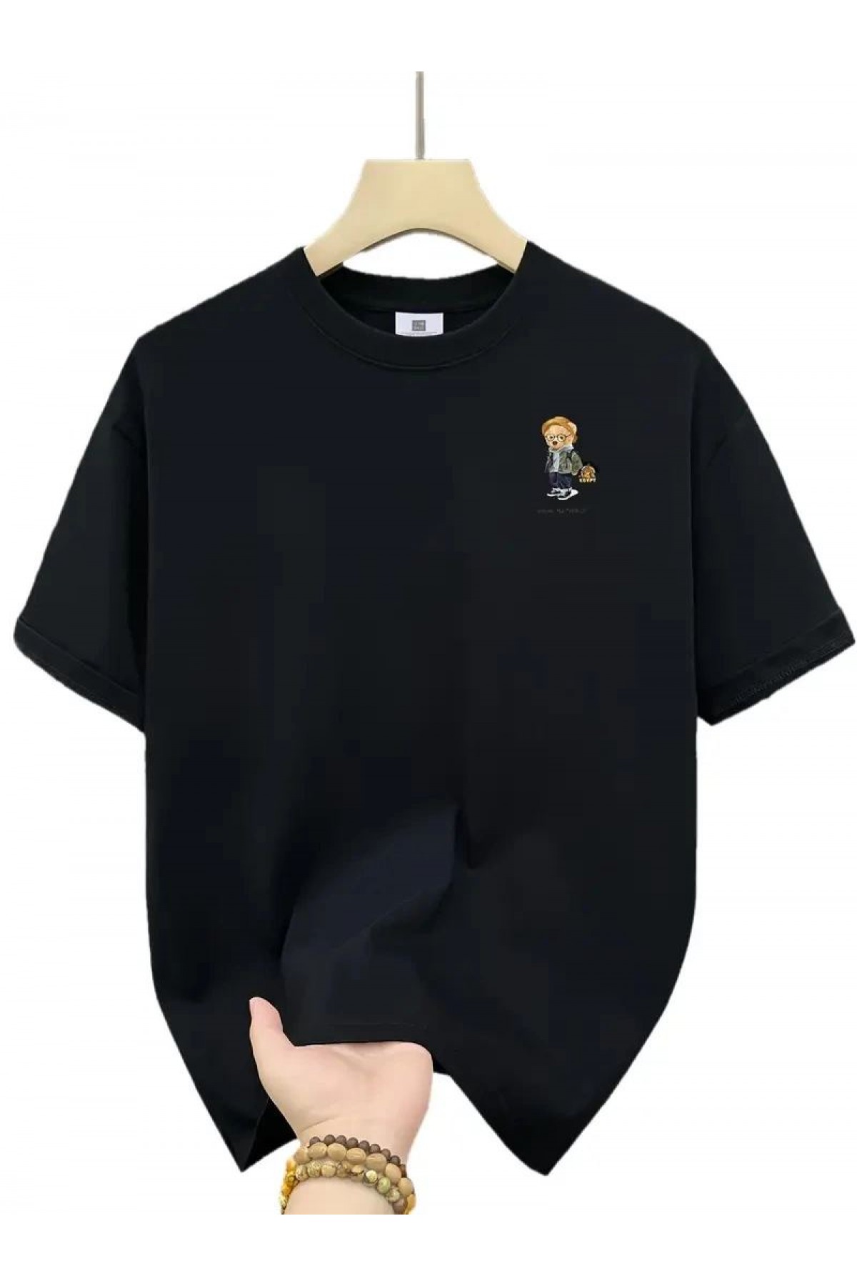 Erkek Tişört Penye Compack Gözlüklü Ayı Bisiklet Yaka Erkek T-shirt - Siyah