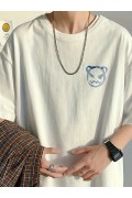 Erkek Tişört Bisiklet Yaka Kore sevimli ayı baskı Kısa Kol T-Shirt  - Beyaz