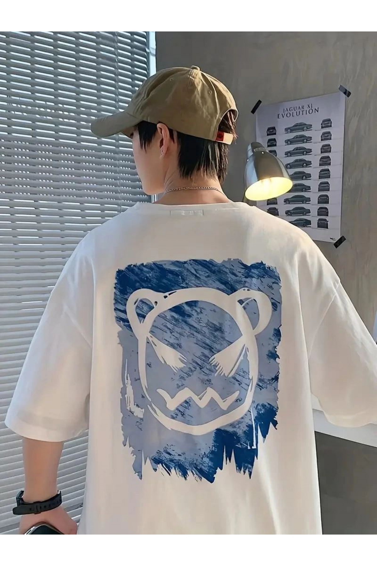 Erkek Tişört Bisiklet Yaka Kore sevimli ayı baskı Kısa Kol T-Shirt  - Beyaz
