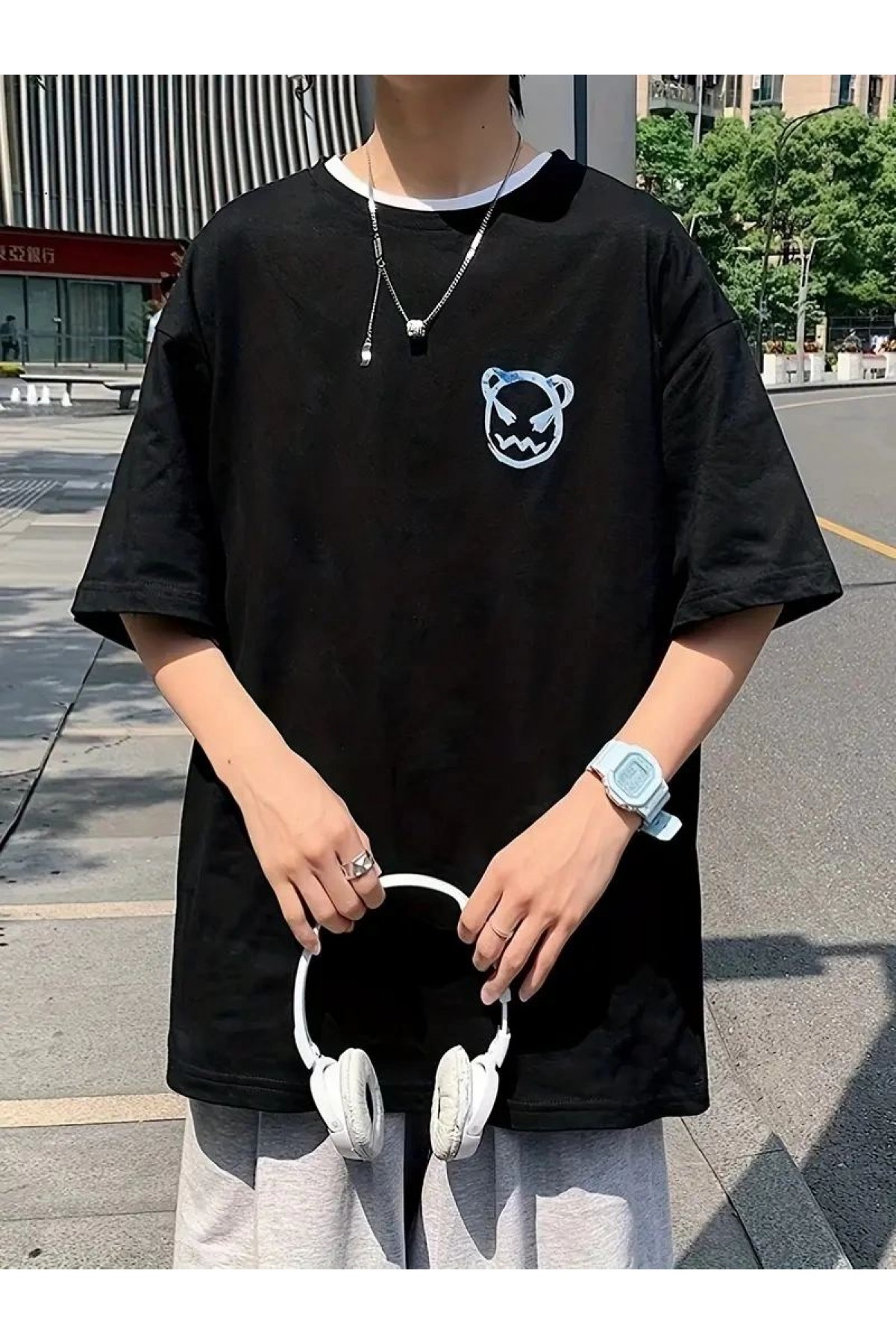 ERKEK  Tişört Bisiklet Yaka Kore tarzı baskı Kısa Kol t-shirt - Siyah