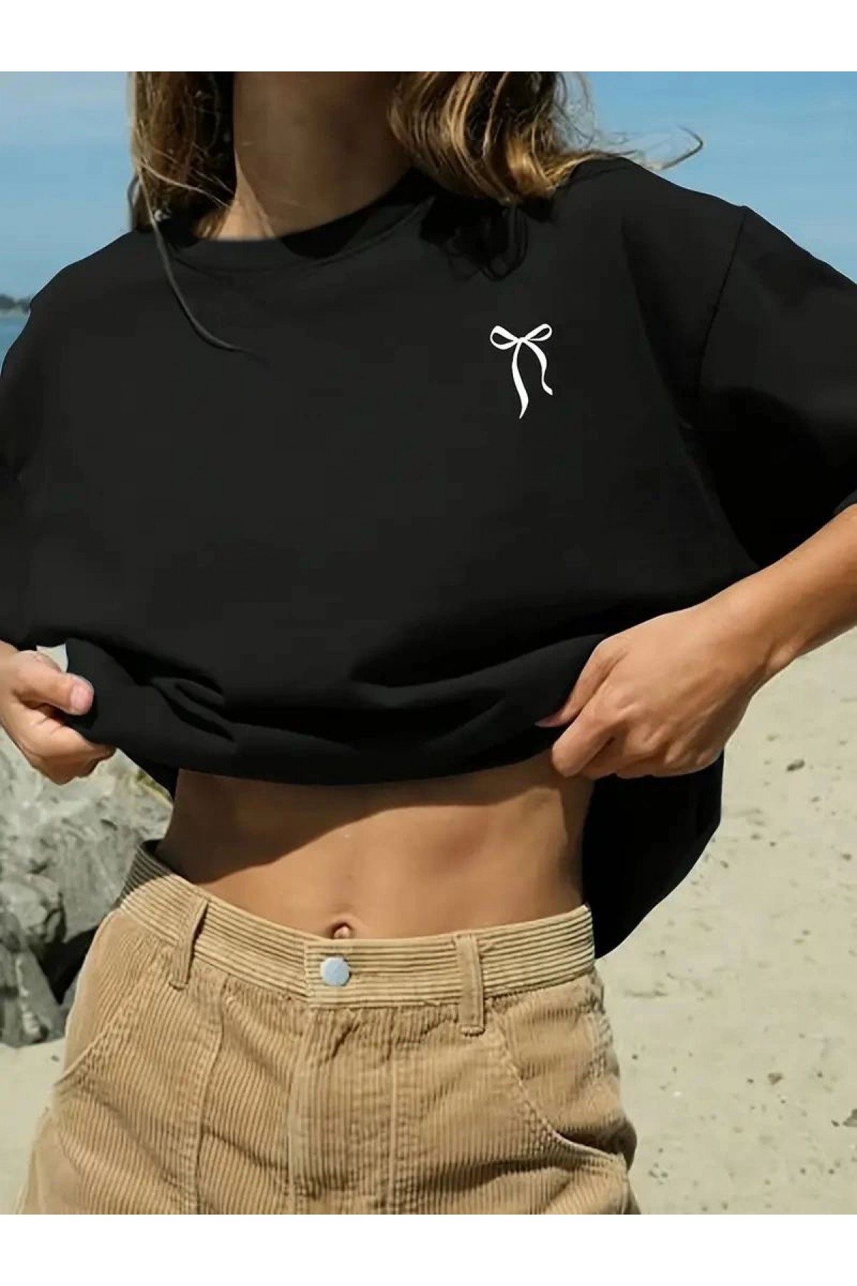 Kadın Tişört fiyonk baskılı Bisiklet yaka yazlık Kısa Kol oversize t-shirt - Siyah