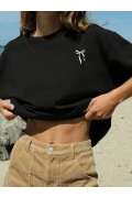 Kadın Tişört fiyonk baskılı Bisiklet yaka yazlık Kısa Kol oversize t-shirt - Siyah
