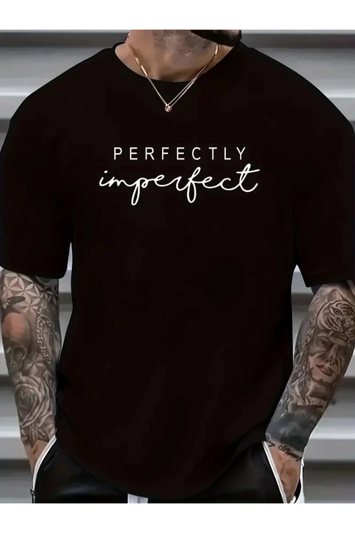 Erkek PERFECTLY Baskılı Tişört Bisiklet yaka yazlık Kısa Kol t-shirt - Siyah