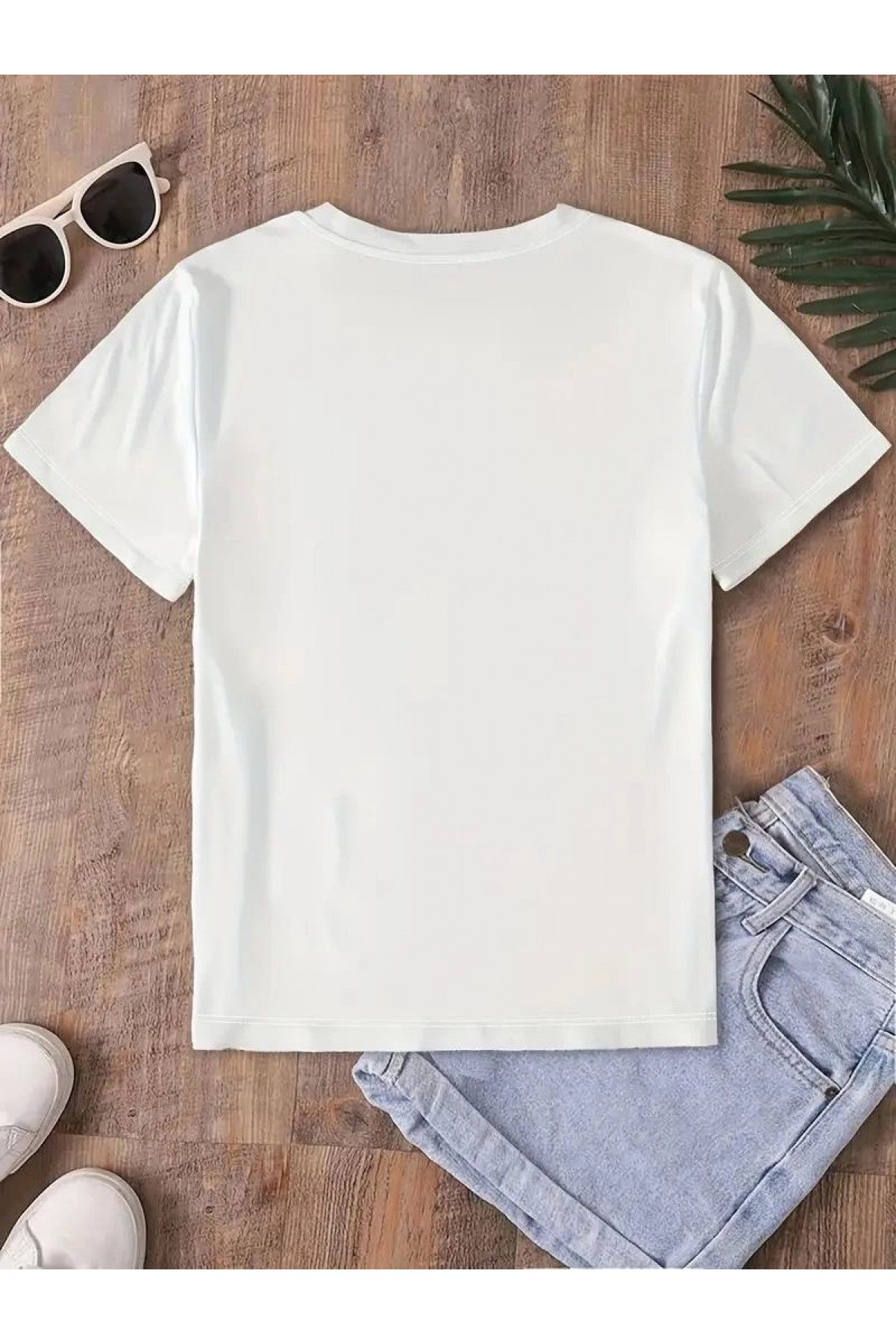 Kadın Tişört fiyonk baskılı Bisiklet yaka yazlık Kısa Kol oversize t-shirt - Beyaz