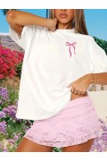 Kadın Tişört fiyonk baskılı Bisiklet yaka yazlık Kısa Kol oversize t-shirt - Beyaz