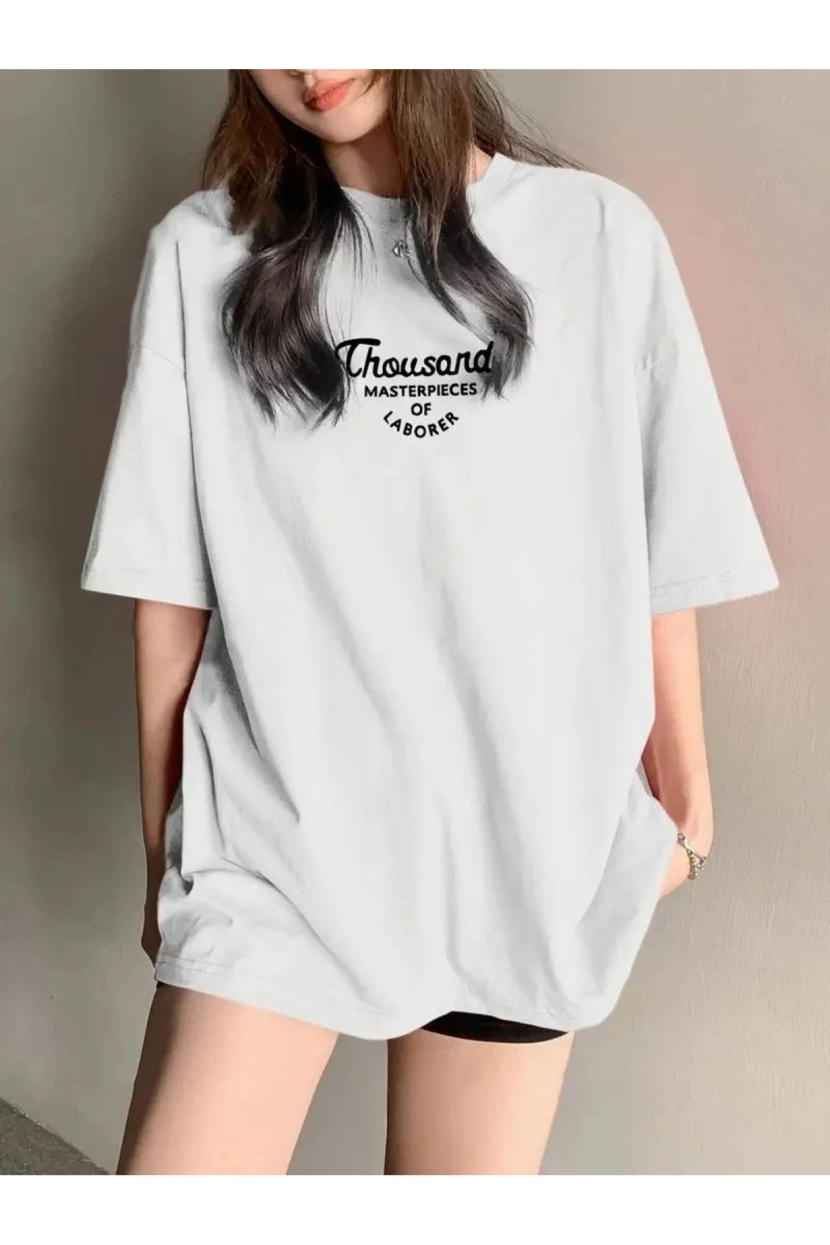Kadın Baskılı Tişört Bisiklet yaka yazlık Kısa Kol oversize t-shirt - Beyaz
