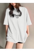 Kadın Baskılı Tişört Bisiklet yaka yazlık Kısa Kol oversize t-shirt - Beyaz