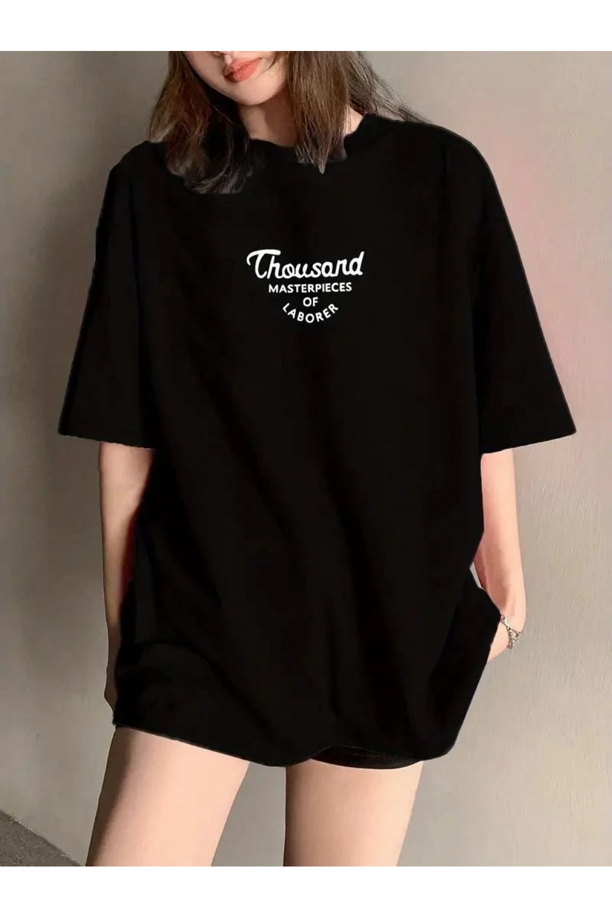 Kadın Baskılı Tişört Bisiklet yaka yazlık Kısa Kol oversize t-shirt - Siyah