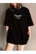 Kadın Baskılı Tişört Bisiklet yaka yazlık Kısa Kol oversize t-shirt - Siyah