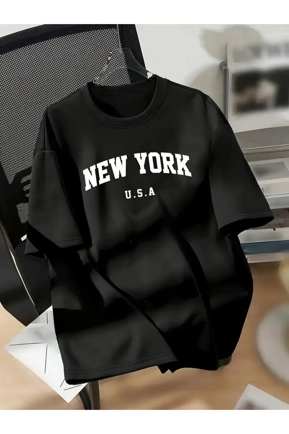 kadın New York Baskılı Tişört Kısa Kol Bisiklet Yaka T-shirt - Siyah