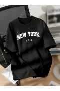 kadın New York Baskılı Tişört Kısa Kol Bisiklet Yaka T-shirt - Siyah