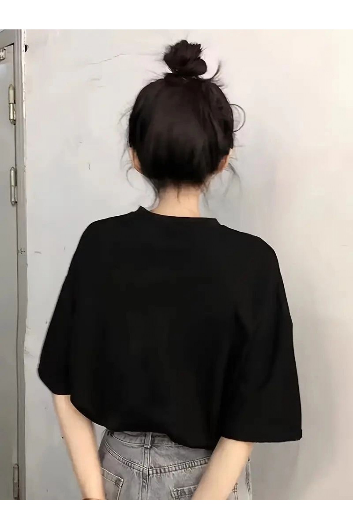 Kadın Kısa Kol Yazlık Tişört Bisiklet Yaka Baskılı Oversize T-Shirt - Siyah