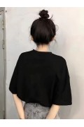 Kadın Kısa Kol Yazlık Tişört Bisiklet Yaka Baskılı Oversize T-Shirt - Siyah