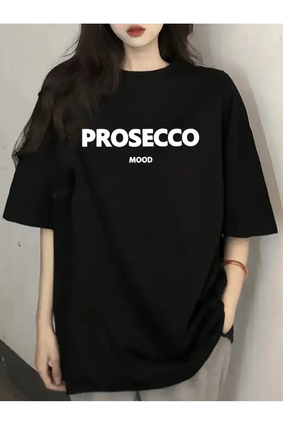 Kadın Kısa Kol Yazlık Tişört Bisiklet Yaka Baskılı Oversize T-Shirt - Siyah