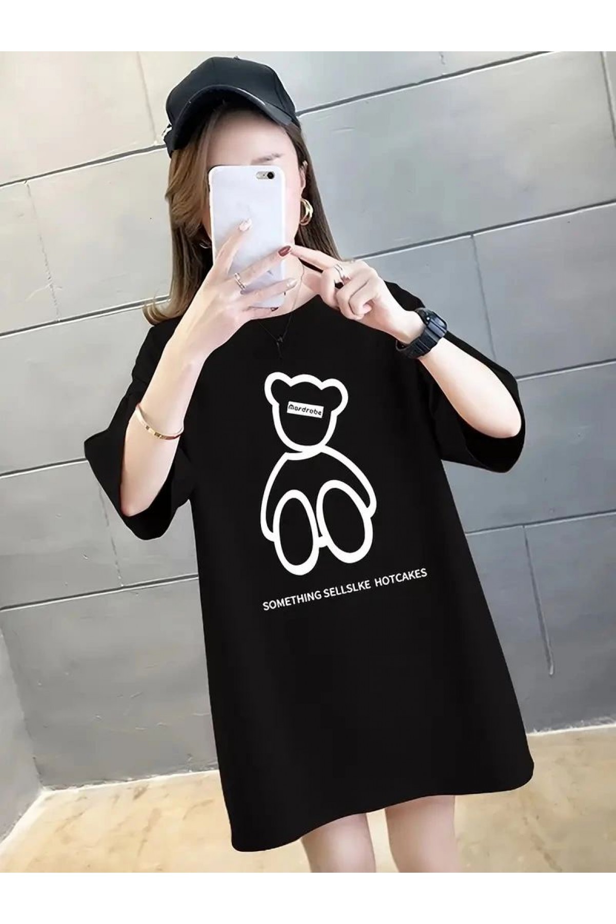 Kadın Tişört Penye Compack Baskılı Oversize Bisiklet Yaka T-shirt - Siyah