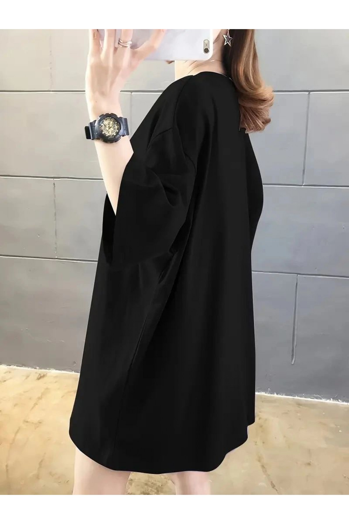 Kadın Tişört Penye Compack Baskılı Oversize Bisiklet Yaka T-shirt - Siyah