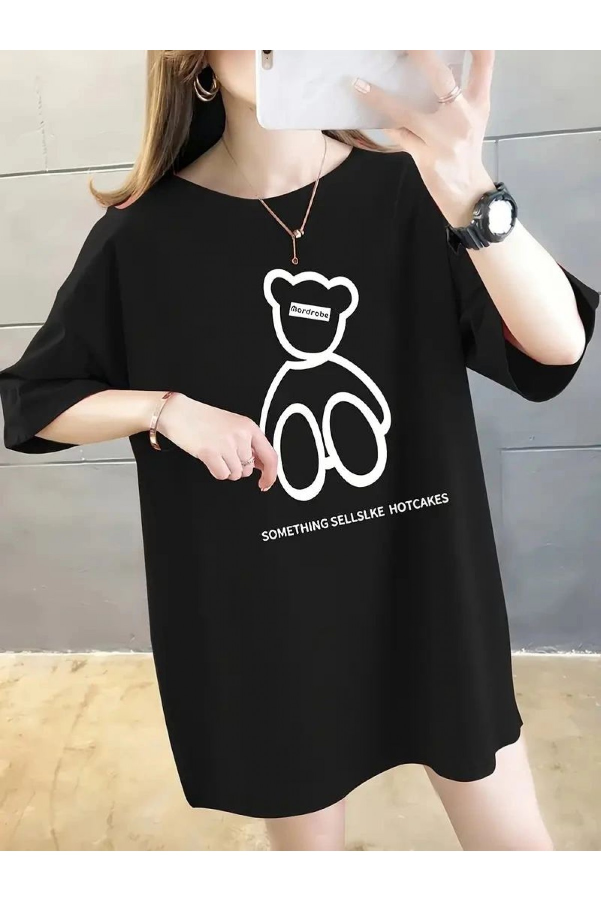 Kadın Tişört Penye Compack Baskılı Oversize Bisiklet Yaka T-shirt - Siyah