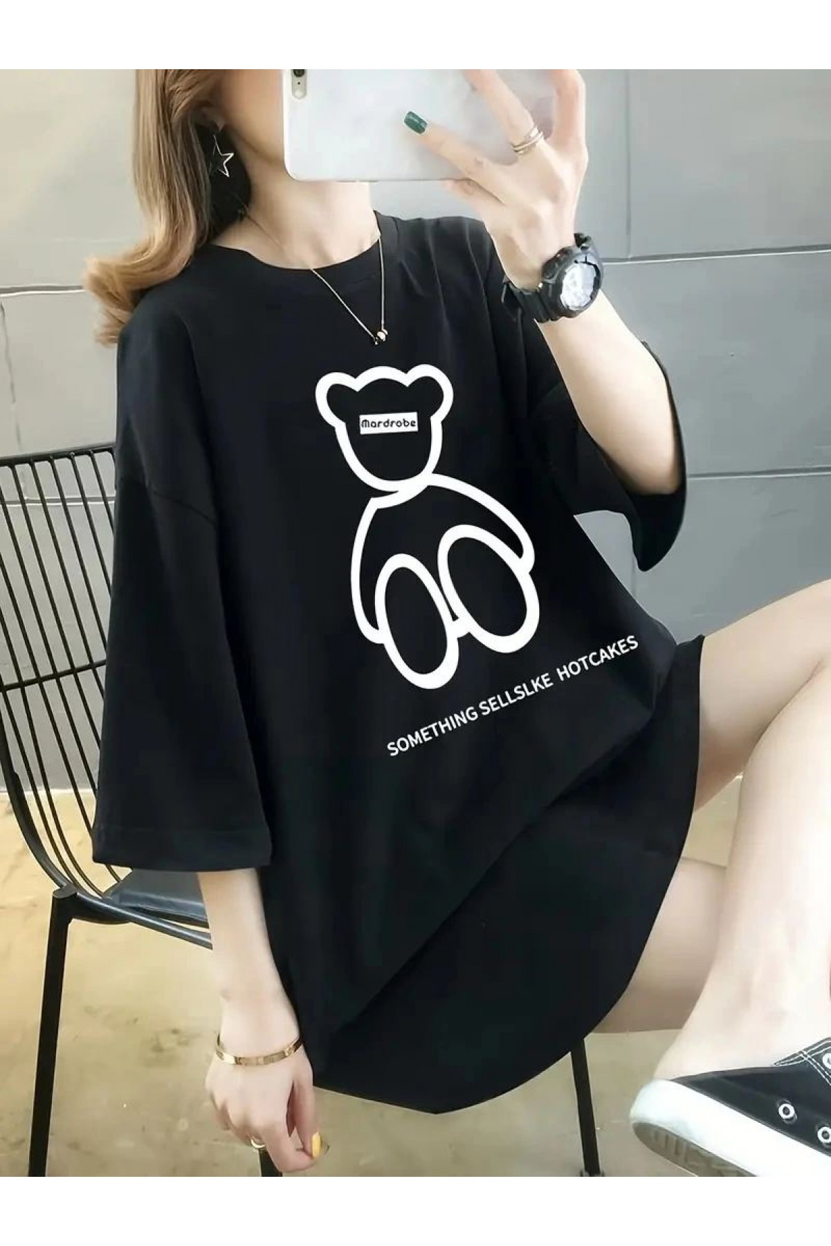 Kadın Tişört Penye Compack Baskılı Oversize Bisiklet Yaka T-shirt - Siyah
