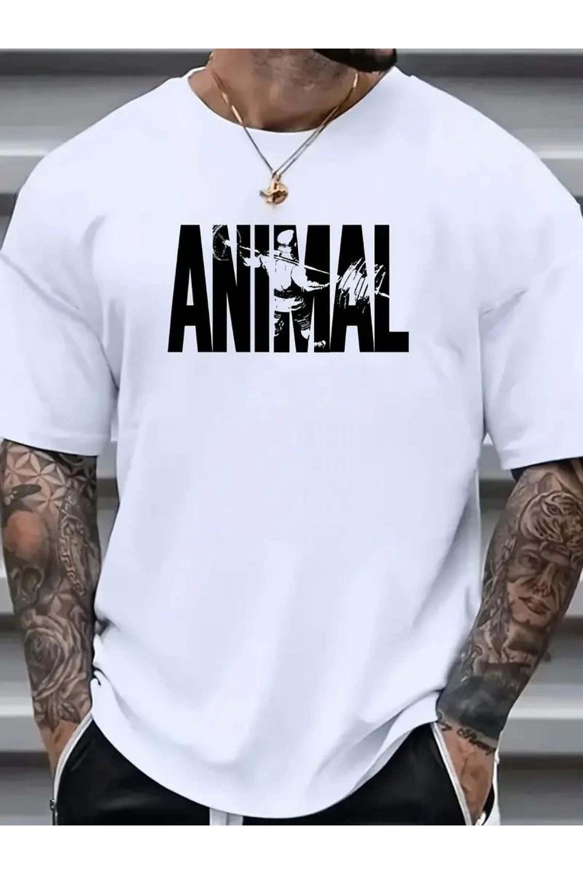 Erkek ANIMAL Baskılı Tişört Bisiklet YakaYazlık T-shirt - Beyaz