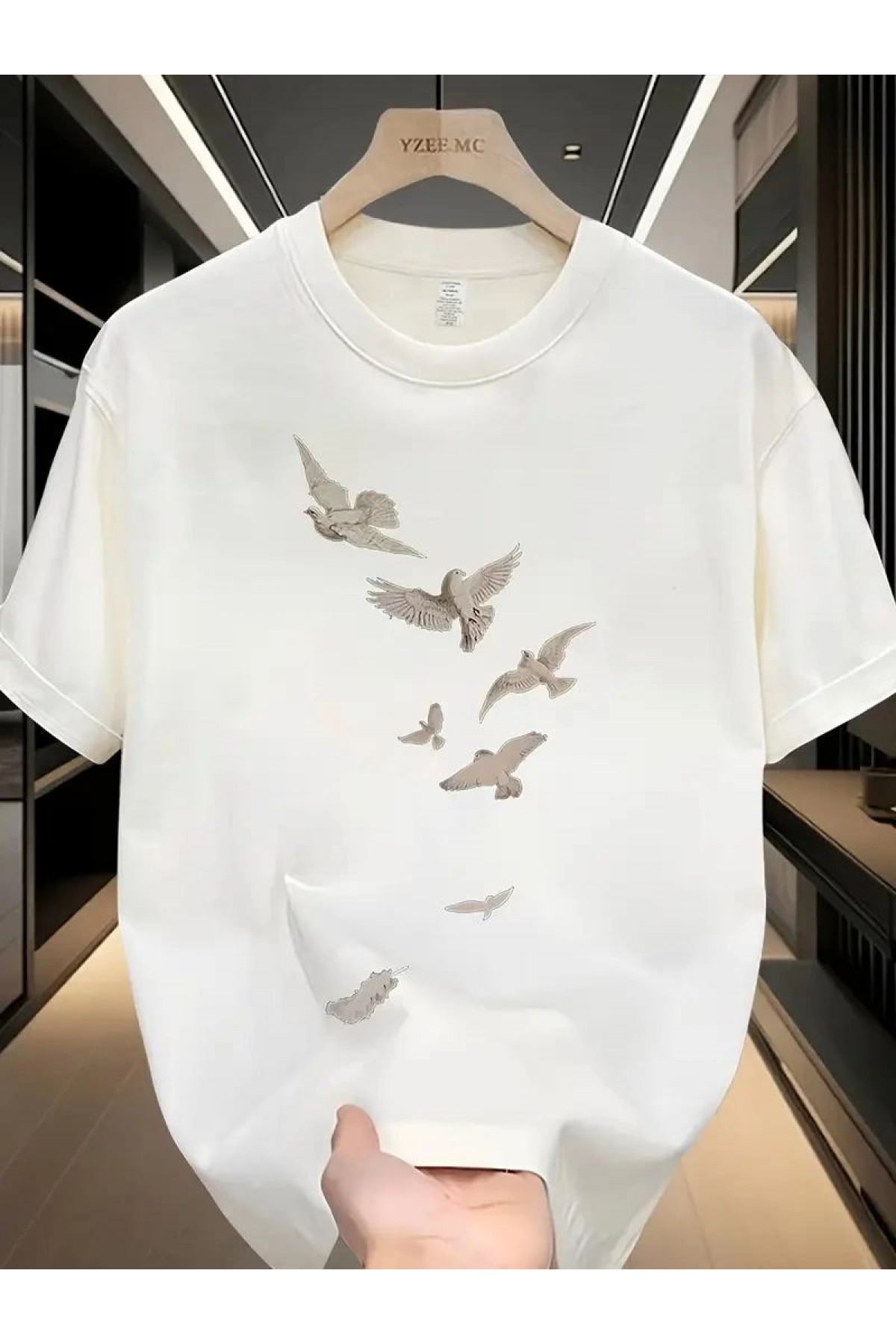 ERKEK Bisiklet yaka Tişört Özgür kuşlar Baskılı kısa kol T-shirt - Beyaz