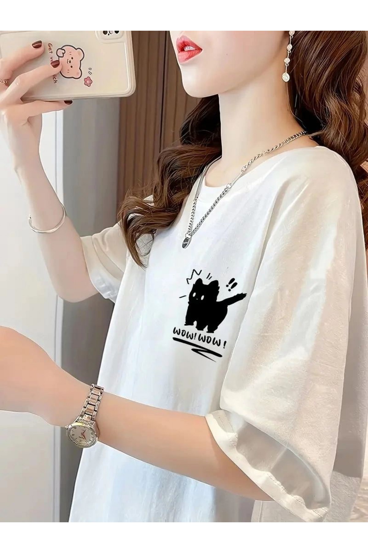 Kadın Tişört Penye Compack Tatlı Kedi Baskılı Bisiklet Yaka T-shirt - Beyaz