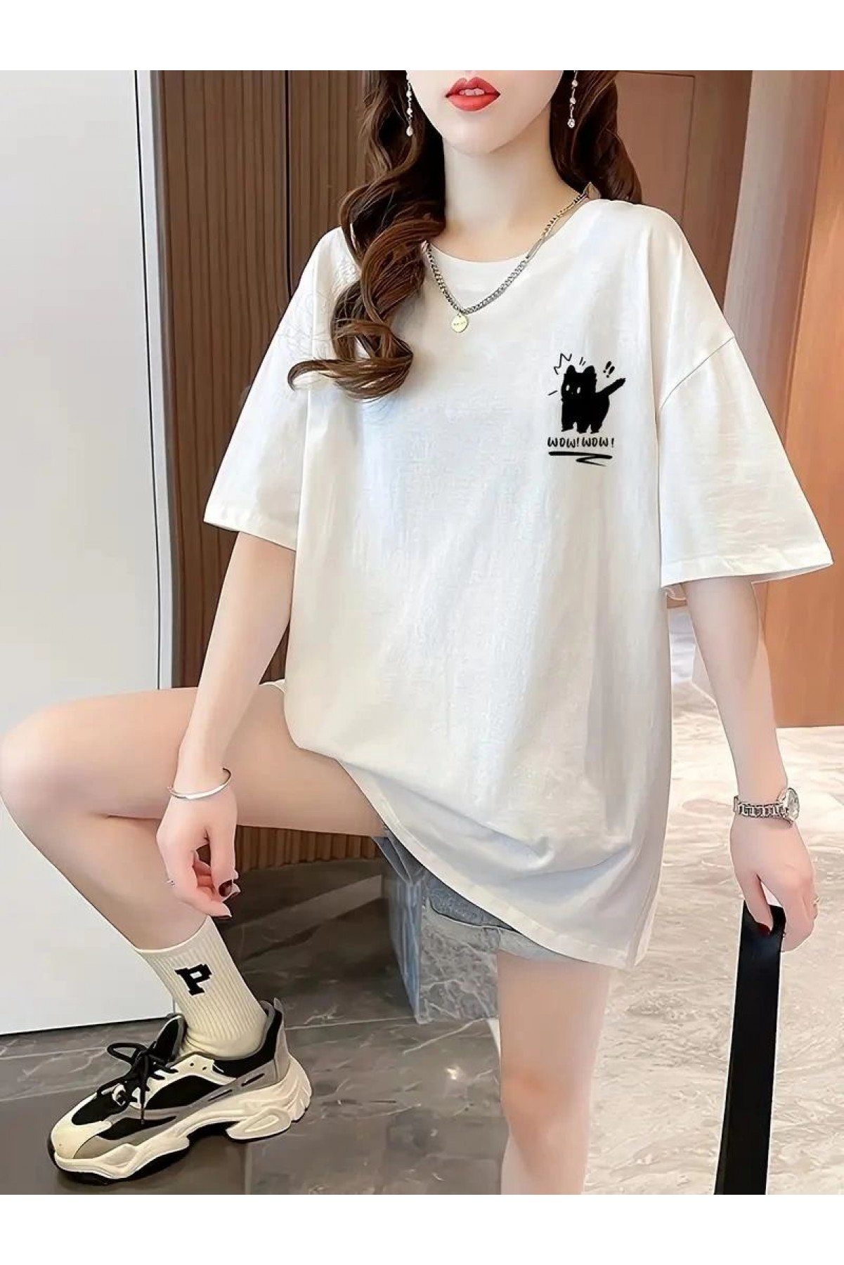 Kadın Tişört Penye Compack Tatlı Kedi Baskılı Bisiklet Yaka T-shirt - Beyaz