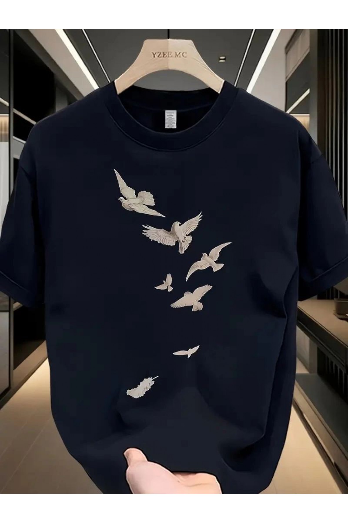 Erkek Özgür Kuşlar Baskılı Tişört Yazlık Bisiklet Yaka Kısa Kol T-Shirt - Beyaz