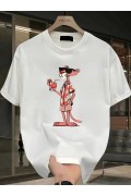 Erkek Bisiklet yaka t-shirt Pembe Panter Baskılı Kısa Kollu Tişört - Beyaz