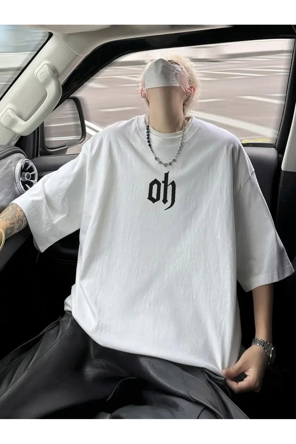 Erkek Kısa Kol Yazlık Tişört Bisiklet Yaka Baskılı Oversize T-Shirt - Beyaz