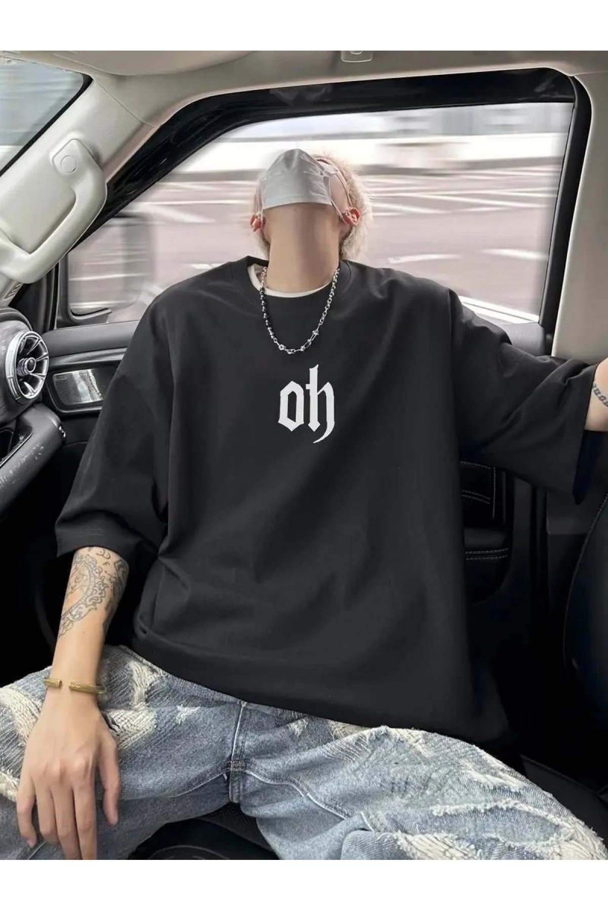 Erkek Kısa Kol Yazlık Tişört Bisiklet Yaka Baskılı Oversize T-Shirt - Siyah